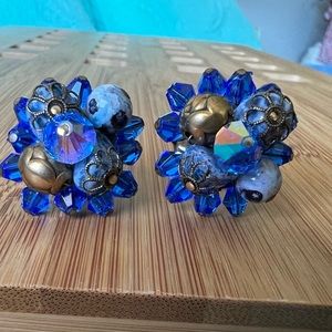 Spectacular Cluster Clip On Earrings Vintage Multi-Bead Crystal Silver Tone